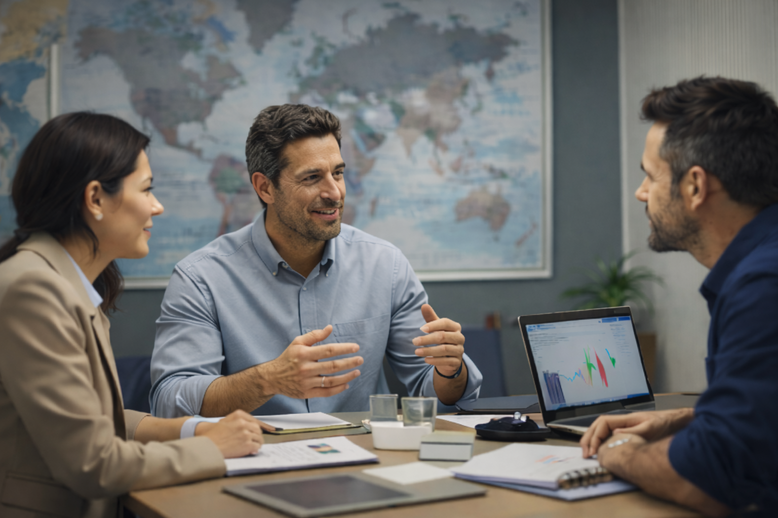 Professionnels discutant d’analyse de données et de stratégie autour d’un ordinateur portable.
