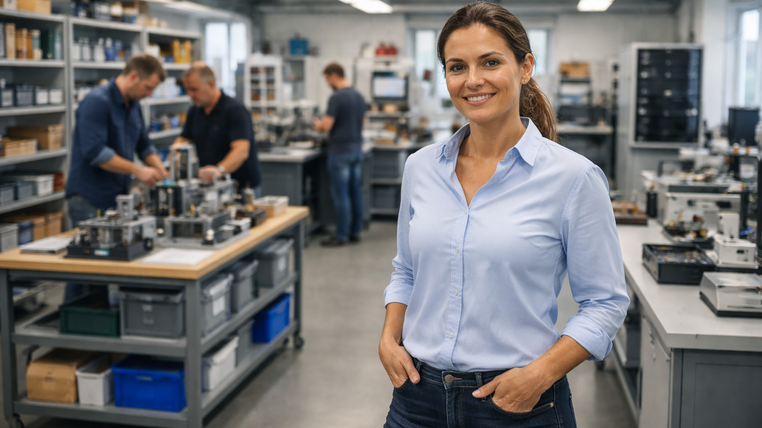 Femme professionnelle souriante dans un atelier industriel avec techniciens en arri&egrave;re-plan.