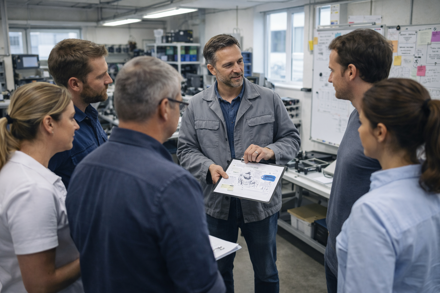&Eacute;quipe de techniciens en r&eacute;union dans un atelier industriel analysant un plan de production sur tablette.