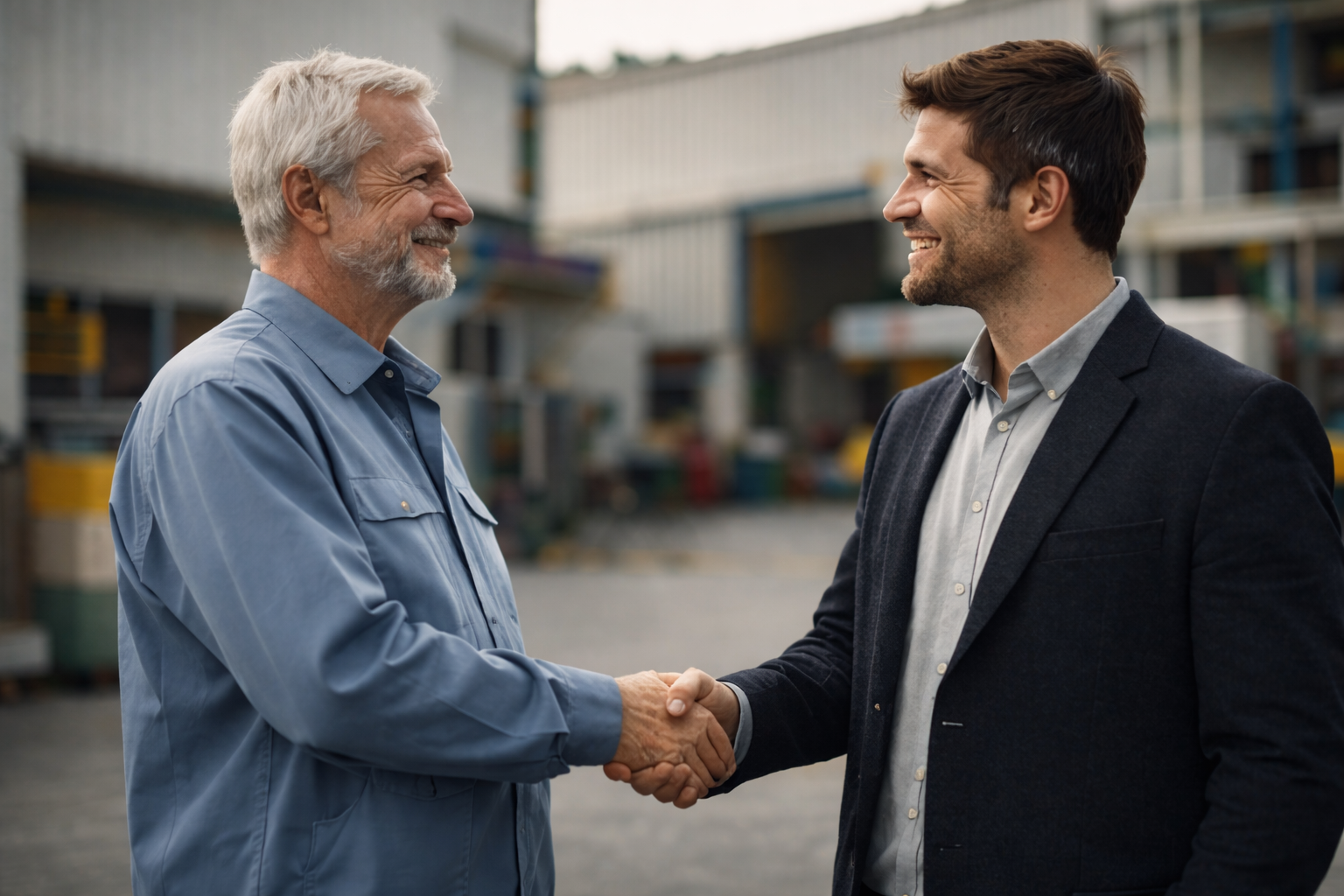 Deux professionnels se serrant la main devant un site industriel après un accord ou une collaboration.