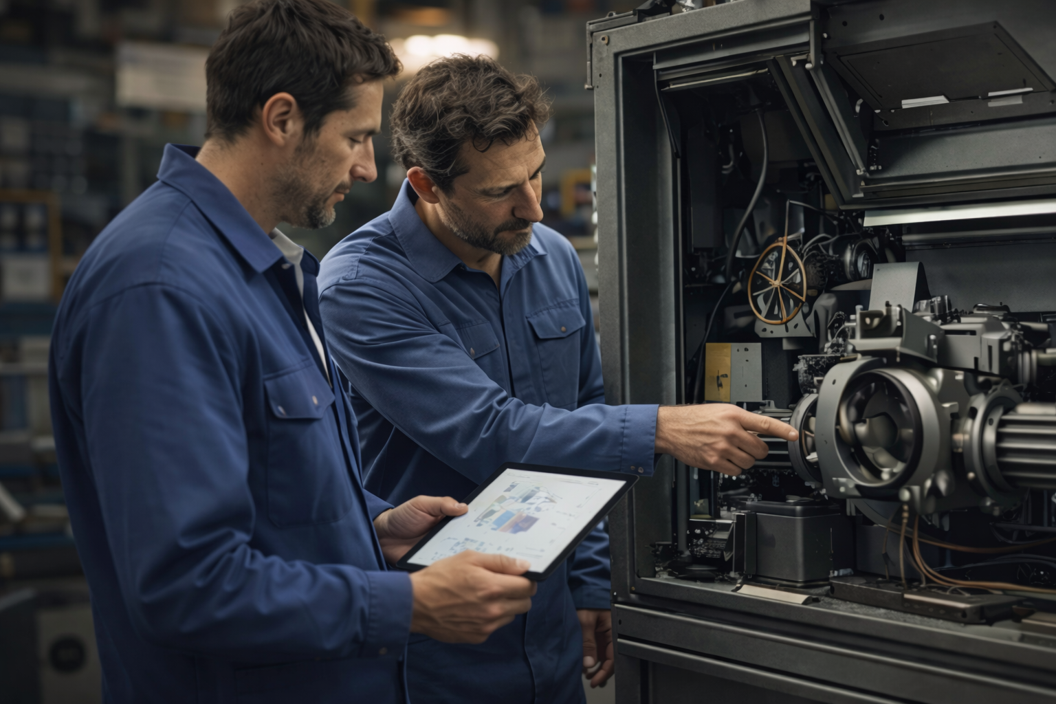 Deux techniciens analysent une machine industrielle ouverte tout en consultant un plan technique sur tablette.
