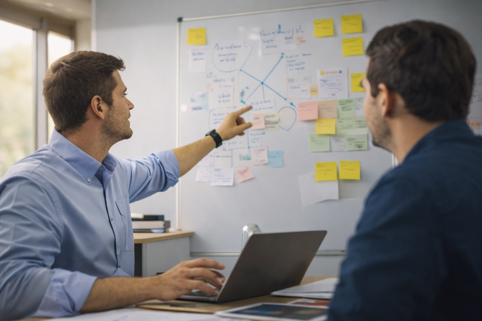 Deux professionnels analysent un tableau de travail avec notes autocollantes pour organiser un projet.