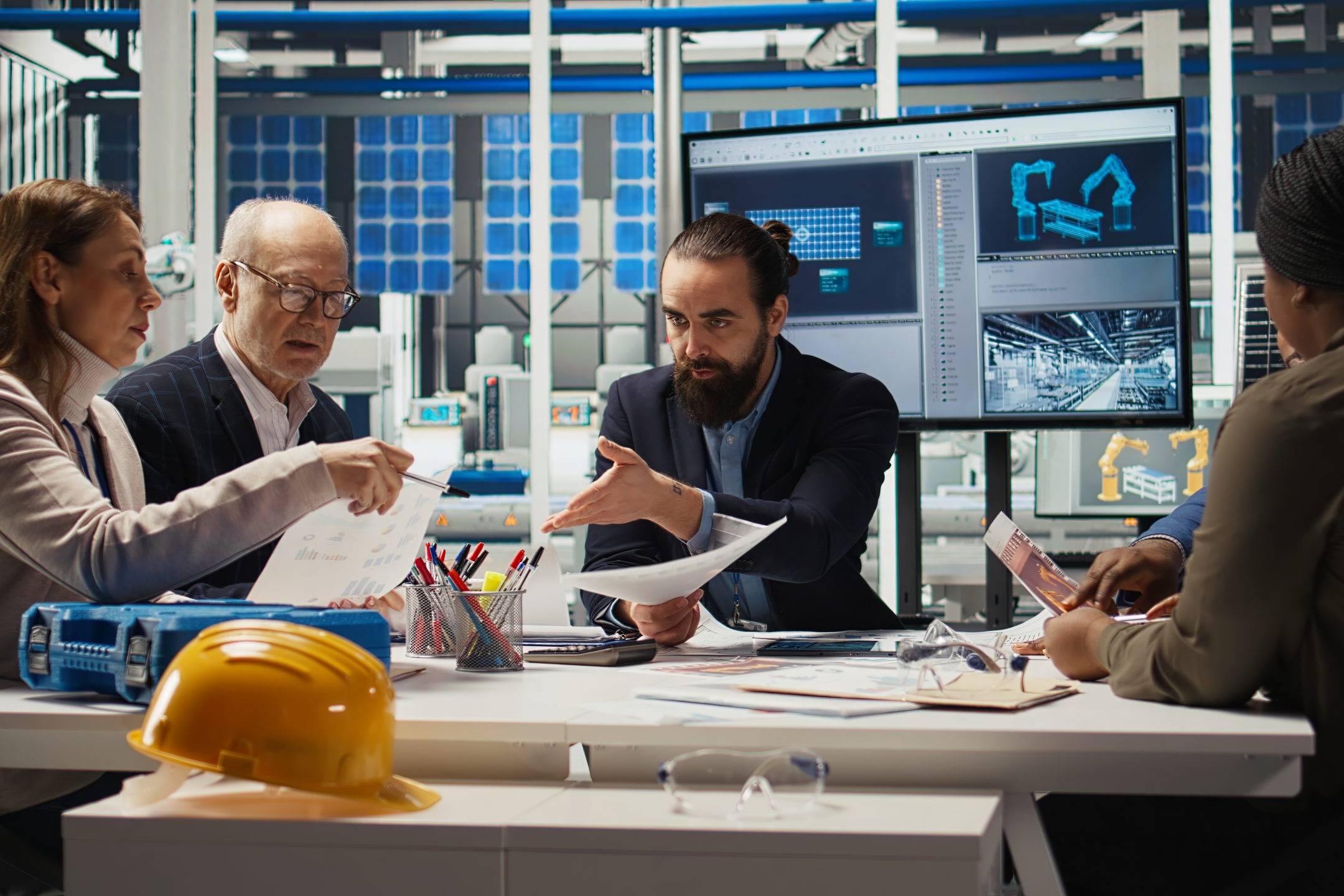 Ing&eacute;nieurs en atelier &eacute;tudiant les sch&eacute;mas d&rsquo;assemblage de panneaux solaires pour am&eacute;liorer l&rsquo;efficacit&eacute;.